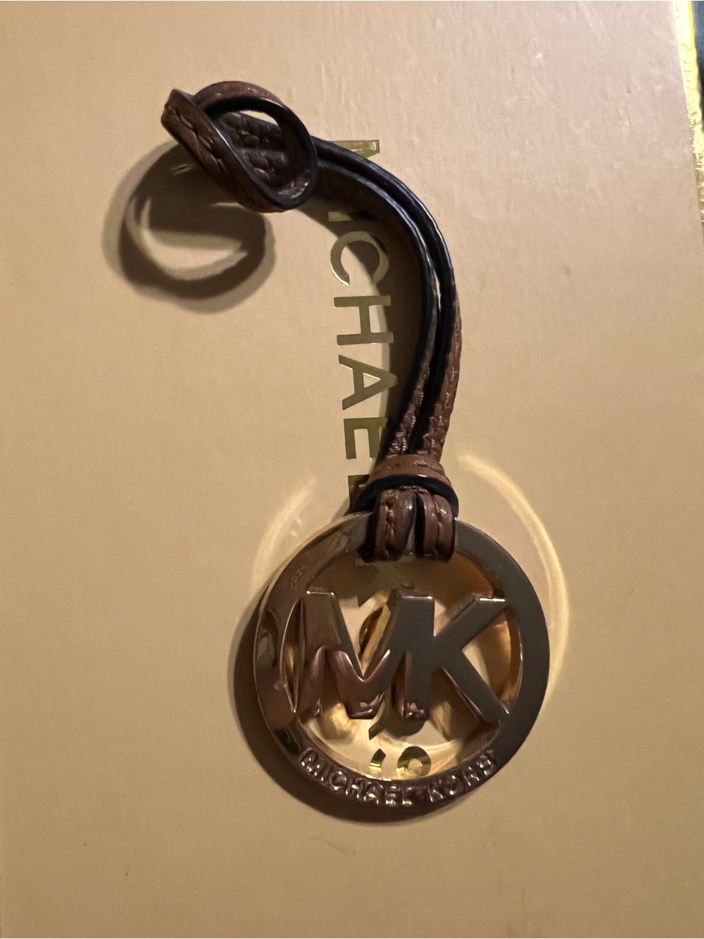 Michael Kors Brown Leather MK Strap with Gold Logo Keychain Charm